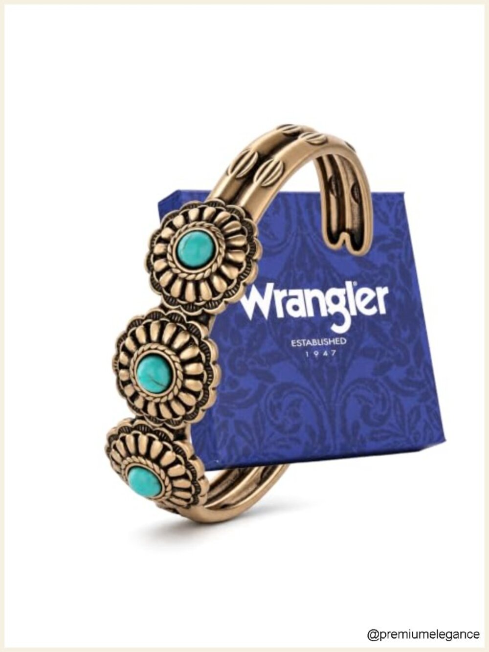 Wrangler Triple Flower Turquoise Open Cuff Bracelet - Gold Plated Southwestern